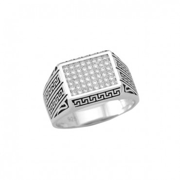 Ασημένιο ανδρικό δαχτυλίδι με λευκές πέτρες ζιργκόν