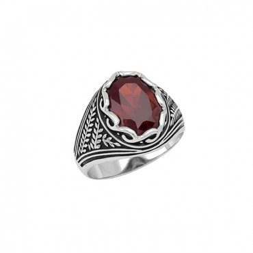 Ασημένιο ανδρικό δαχτυλίδι σκαλιστό με κόκκινη πέτρα 