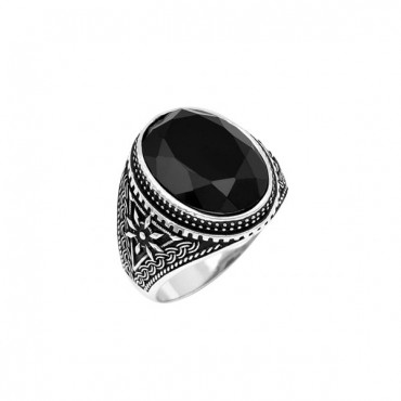 Ασημένιο ανδρικό δαχτυλίδι με μεγάλη μαύρη πέτρα 