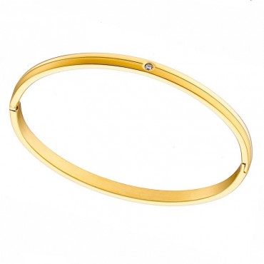 Ατσάλινο βραχιόλι χειροπέδα με λευκή πέτρα στο κέντρο , επίχρυσο 