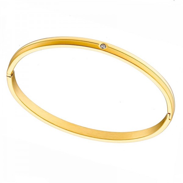 Ατσάλινο βραχιόλι χειροπέδα με λευκή πέτρα στο κέντρο , επίχρυσο 