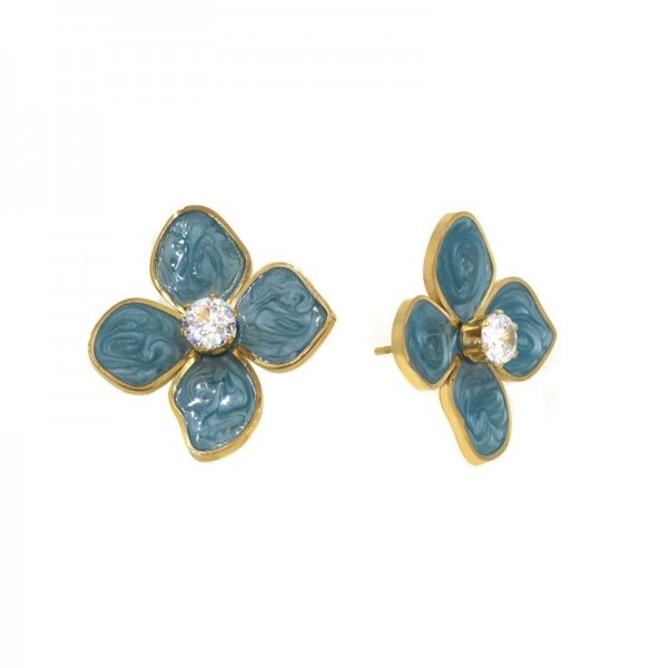 Ατσάλινα κουμπωτά σκουλαρίκια με μπλε σμάλτο σε σχήμα λουλουδιού 