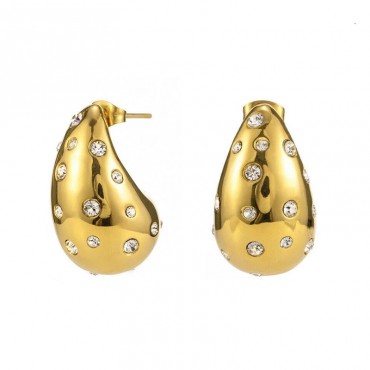 Ατσάλινα επίχρυσα κουμπωτά σκουλαρίκια σταγόνα με λευκές πέτρες 
