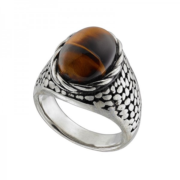 Ατσάλινο δαχτυλίδι με πέτρα "μάτι της τίγρης"