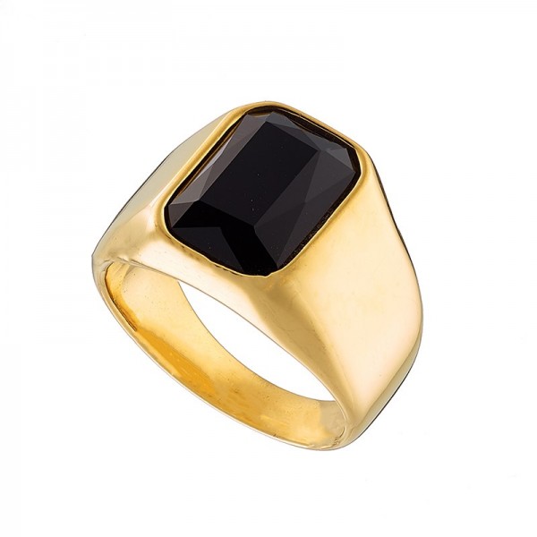 Ατσάλινο επιχρυσωμένο δαχτυλίδι με μαύρη πέτρα ζιργκόν 