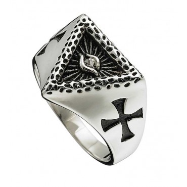 Ατσάλινο δαχτυλίδι με σχέδιο τρίγωνο με μάτι και σταυρό στο πλάι