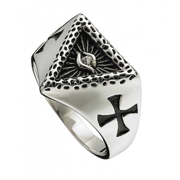 Ατσάλινο δαχτυλίδι με σχέδιο τρίγωνο με μάτι και σταυρό στο πλάι