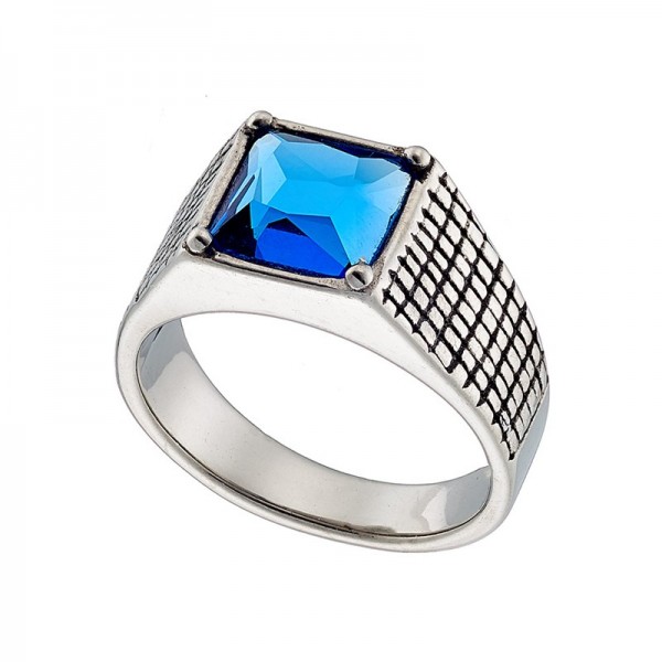 Ατσάλινο δαχτυλίδι με τετράγωνη μπλε πέτρα 