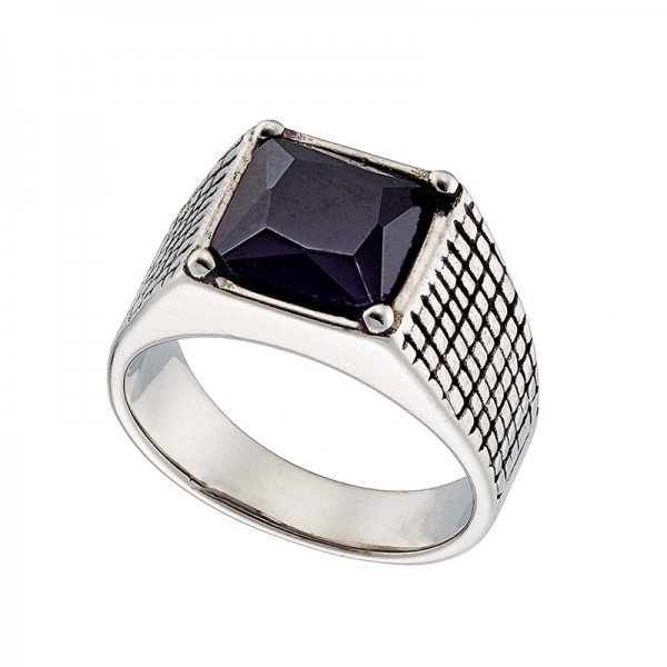 Ατσάλινο δαχτυλίδι με τετράγωνη μαύρη πέτρα ζιργκόν