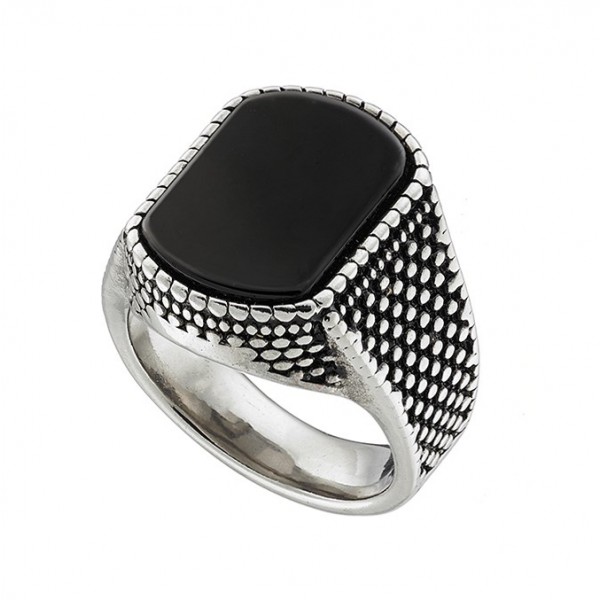 Ατσάλινο δαχτυλίδι με μεγάλη μαύρη πέτρα 
