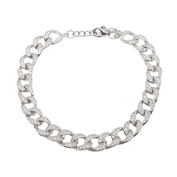 Ασημένια φαρδιά αλυσίδα για το χέρι με πέτρες ζιργκόν