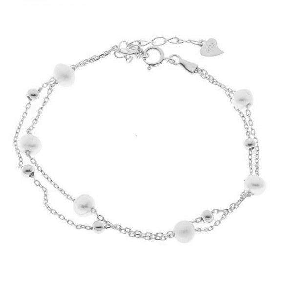 Ασημένιο βραχιόλι με διπλή αλυσίδα διακοσμημένο με πέρλες 