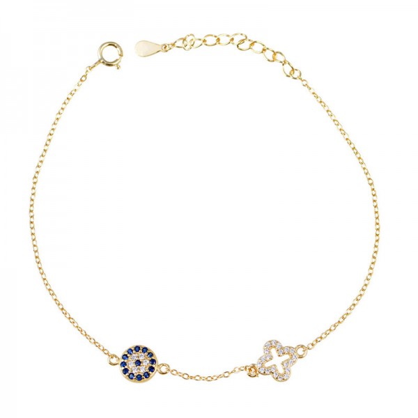 Ασημένιο επίχρυσο βραχιόλι με μάτι και σταυρό