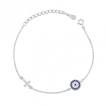 Ασημένιο βραχιόλι με μάτι-στόχο και σταυρό 