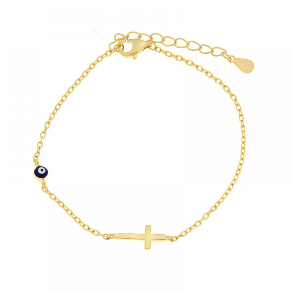 Ασημένιο και επιχρυσωμένο διακριτικό βραχιόλι με μάτι και σταυρό Ασημένιο και επιχρυσωμένο διακριτικό βραχιόλι με μάτι και σταυρό