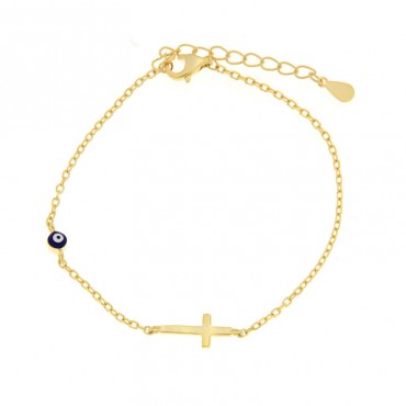 Ασημένιο και επιχρυσωμένο διακριτικό βραχιόλι με μάτι και σταυρό 