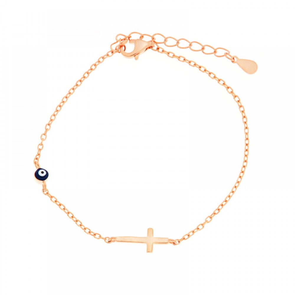 Ασημένιο με επιχρύσωση ροζ χρυσού διακριτικό βραχιόλι με μάτι και σταυρό Ασημένιο με επιχρύσωση ροζ χρυσού διακριτικό βραχιόλι με μάτι και σταυρό