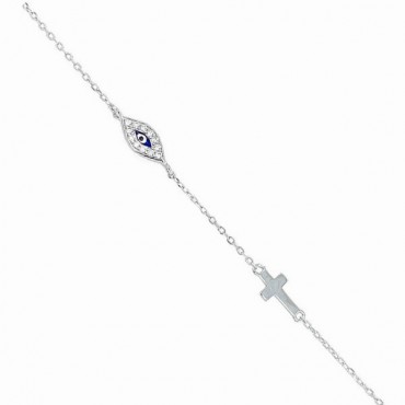 Ασημένιο διακριτικό βραχιόλι με μάτι και σταυρό 