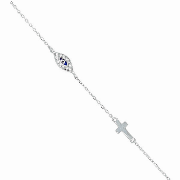 Ασημένιο διακριτικό βραχιόλι με μάτι και σταυρό 
