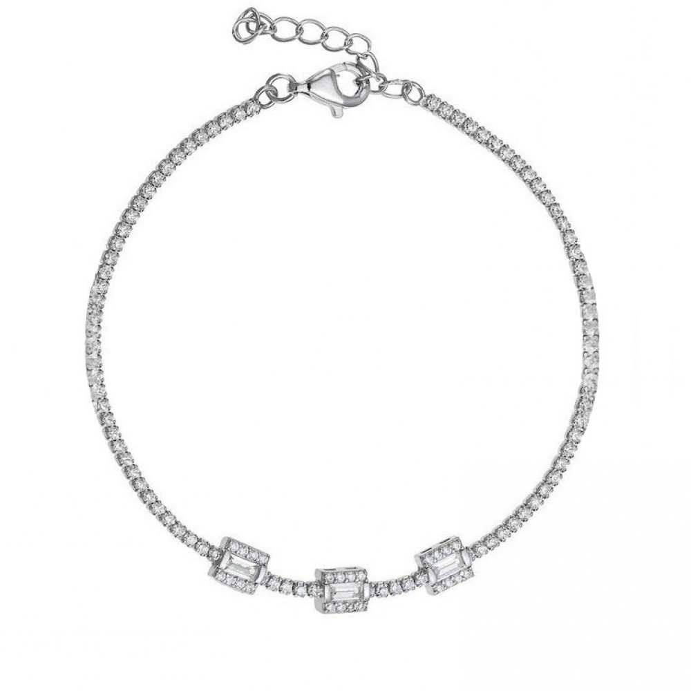 Ασημένιο βραχιόλι ριβιέρα με τρία τετράγωνα σχήματα με λευκές πέτρες ζιργκόν Ασημένιο βραχιόλι ριβιέρα με τρία τετράγωνα σχήματα με λευκές πέτρες ζιργκόν