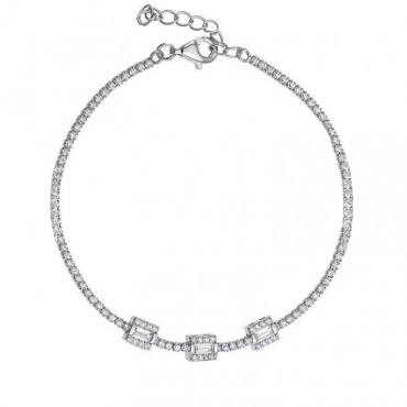 Ασημένιο βραχιόλι ριβιέρα με τρία τετράγωνα σχήματα με λευκές πέτρες ζιργκόν