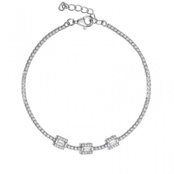 Ασημένιο βραχιόλι ριβιέρα με τρία τετράγωνα σχήματα με λευκές πέτρες ζιργκόν
