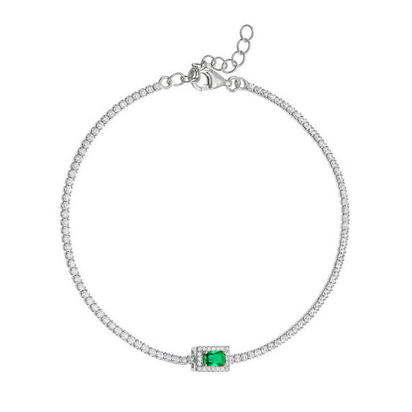 Ασημένιο βραχιόλι ριβιέρα με ορθογώνιο καστόνι στο κέντρο με πράσινη πέτρα