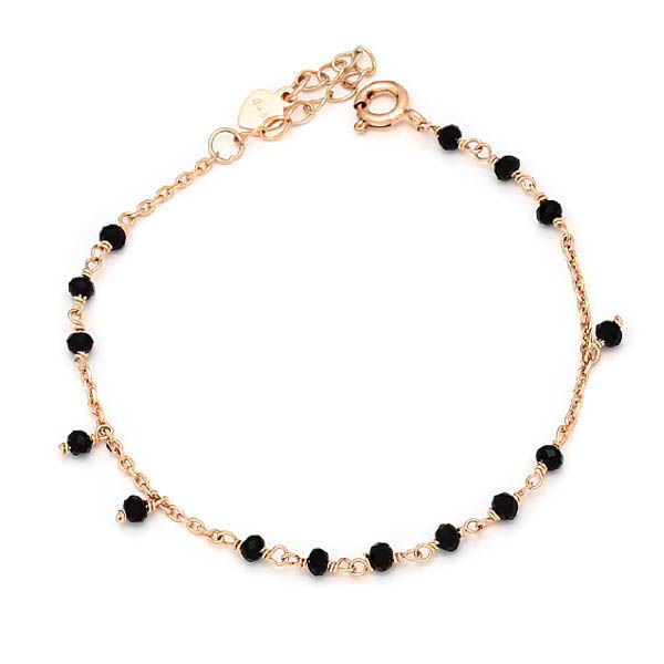 Ασημένιο βραχιόλι με επιχρύσωση ροζ χρυσού και μαύρες χάντρες