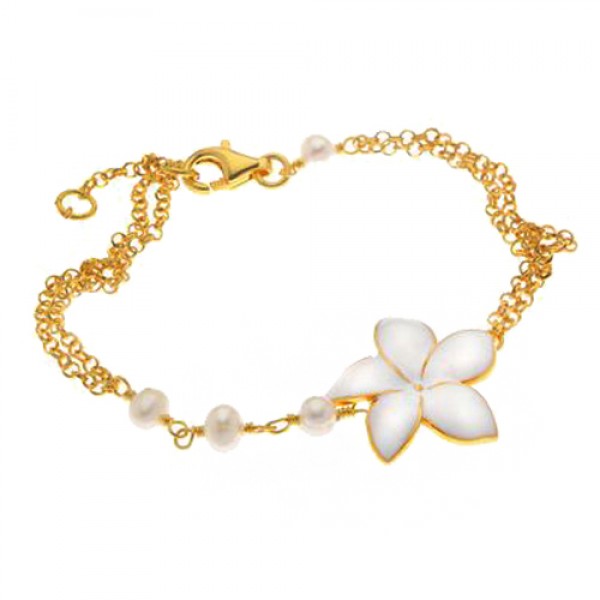 Ασημένιο επίχρυσο βραχιόλι με διπλή αλυσίδα και λευκό λουλούδι 