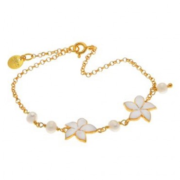 Ασημένιο και επιχρυσωμένο βραχιόλι με λευκά λουλούδια 