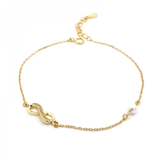 Ασημένιο επίχρυσο βραχιόλι με το άπειρο και μικρή πέρλα στην αλυσίδα 