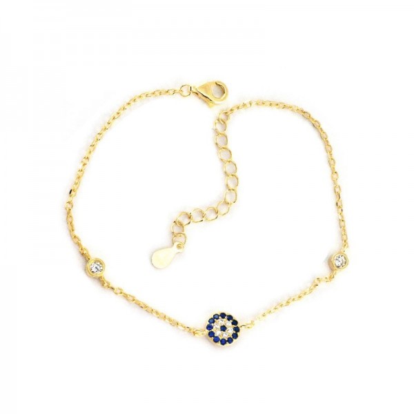 Ασημένιο επίχρυσο βραχιόλι με ματάκι και πέτρες ζιργκόν