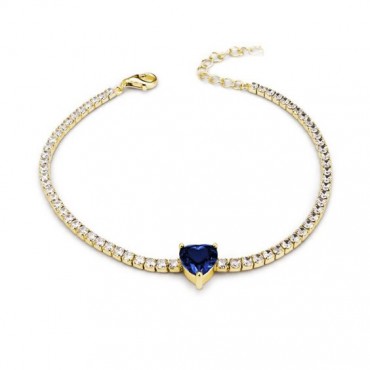 Ασημένιο και επιχρυσωμένο βραχιόλι - ριβιέρα με μπλε καρδιά 