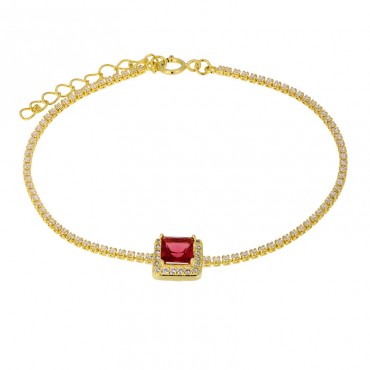 Ασημένιο και επιχρυσωμένο βραχιόλι ριβιέρα με τετράγωνη κόκκινη πέτρα
