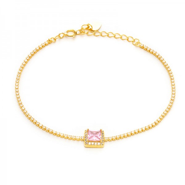 Ασημένιο και επιχρυσωμένο βραχιόλι ριβιέρα με τετράγωνη ροζ πέτρα