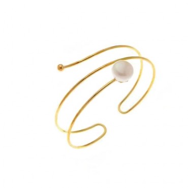 Ασημένιο και επιχρυσωμένο σταθερό διπλό βραχιόλι με μαργαριτάρι