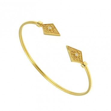 Ασημένιο επίχρυσο βυζαντινό σταθερό βραχιόλι με λευκή πέτρα 