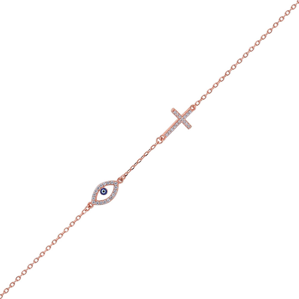 Ασημένιο με επιχρύσωση ροζ χρυσού βραχιόλι με μάτι και σταυρό Ασημένιο με επιχρύσωση ροζ χρυσού βραχιόλι με μάτι και σταυρό