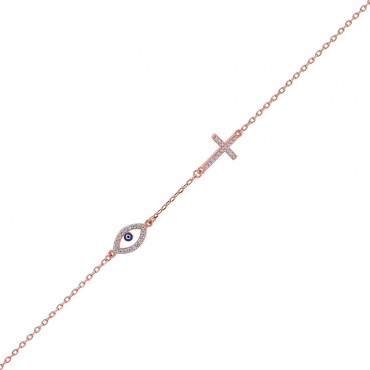 Ασημένιο με επιχρύσωση ροζ χρυσού βραχιόλι με μάτι και σταυρό Ασημένιο με επιχρύσωση ροζ χρυσού βραχιόλι με μάτι και σταυρό
