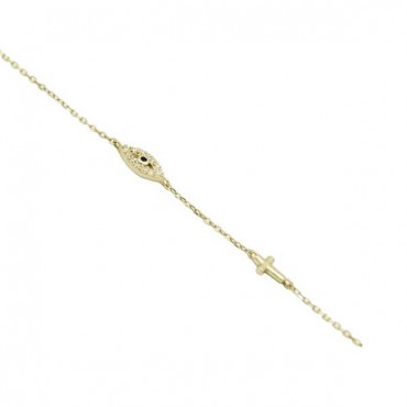 Ασημένιο και επιχρυσωμένο βραχιόλι με μικρό μάτι και σταυρό