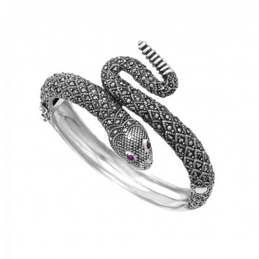 Ασημένιο σταθερό βραχιόλι με σχήμα φιδιού και πέτρες μαρκασίτη