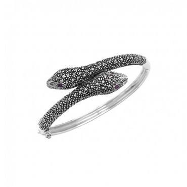 Ασημένιο βραχιόλι με διπλό κεφάλι φιδιού και πέτρες μαρκασίτη