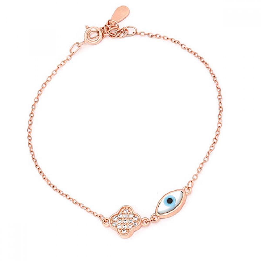 Ασημένιο με επιχρύσωση ροζ χρυσού βραχιόλι με μάτι και σταυρό Ασημένιο με επιχρύσωση ροζ χρυσού βραχιόλι με μάτι και σταυρό