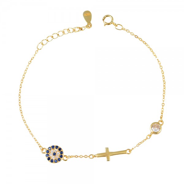 Ασημένιο βραχιόλι με μάτι , σταυρό και μικρή πέτρα ζιργκόν