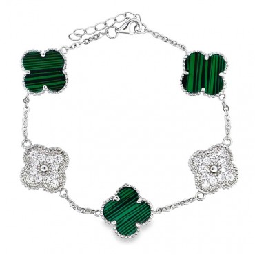 Ασημένιο βραχιόλι με πέντε στοιχεία με πέτρες μαλαχίτη και ζιργκόν