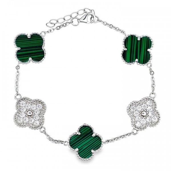 Ασημένιο βραχιόλι με πέντε στοιχεία με πέτρες μαλαχίτη και ζιργκόν