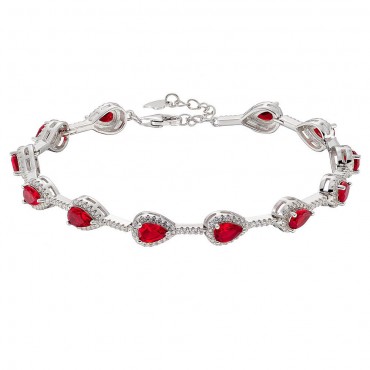 Ασημένιο βραχιόλι με ροζέτες σε σχήμα σταγόνας με ζιργκόν πέτρες λευκές και κόκκινες 