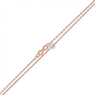 Ασημένιο με επιχρύσωση ροζ χρυσού βραχιόλι με διπλή αλυσίδα με το άπειρο και πέρλα Ασημένιο με επιχρύσωση ροζ χρυσού βραχιόλι με διπλή αλυσίδα με το άπειρο και πέρλα