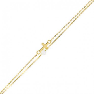 Ασημένιο βραχιόλι επιχρυσωμένο με διπλή αλυσίδα με σταυρό και πέρλα Ασημένιο βραχιόλι επιχρυσωμένο με διπλή αλυσίδα με σταυρό και πέρλα