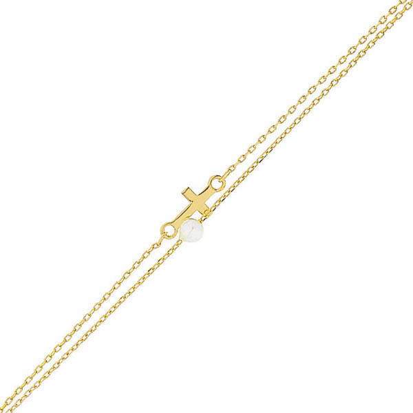 Ασημένιο βραχιόλι επιχρυσωμένο με διπλή αλυσίδα με σταυρό και πέρλα 